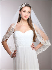 1-Layer Ivory Mantilla Bridal Veil with Crystals, Beads & Lace Edge